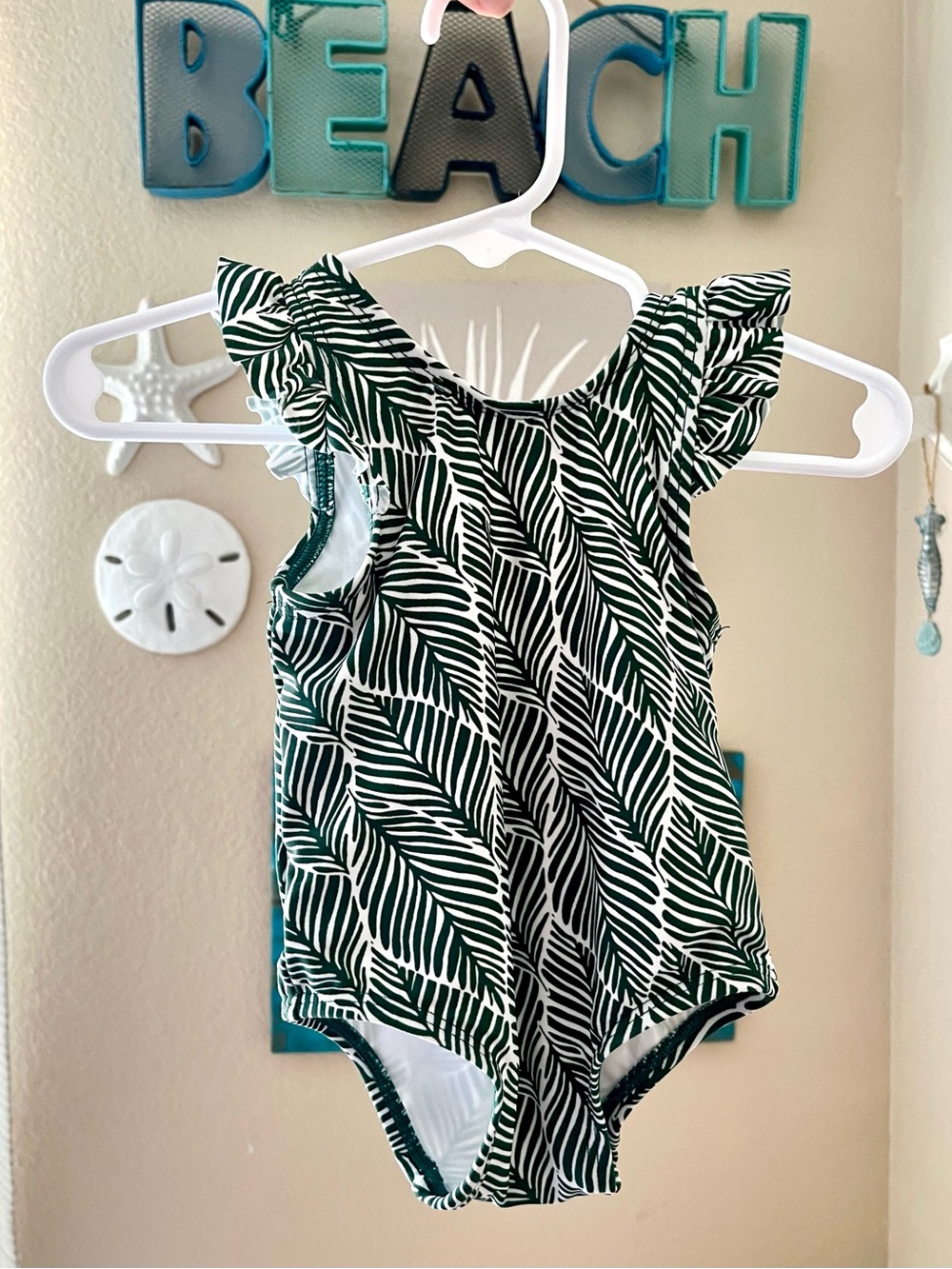 Starting Out White Girls One-Piece Swimsuit with Dark Green Leaf Print